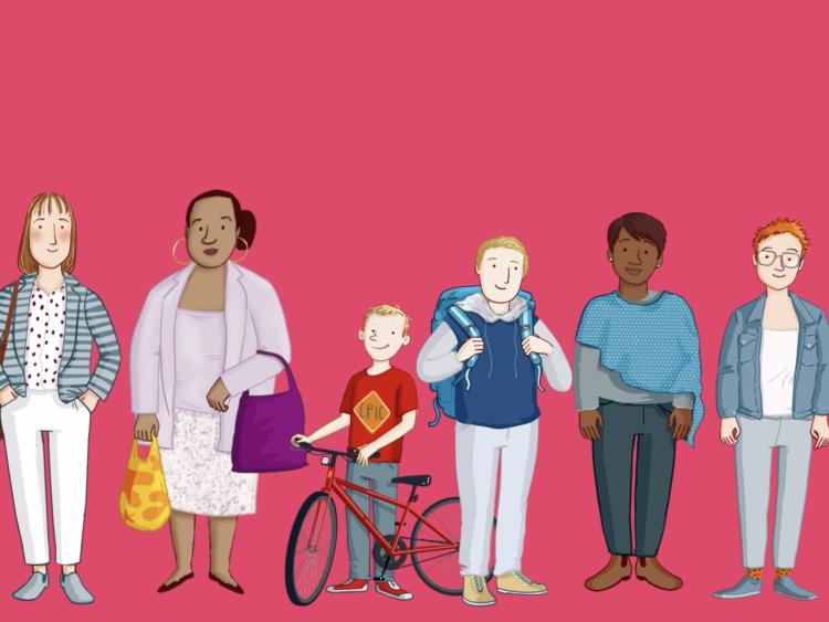 Six animated characters depicting people affected by adoption