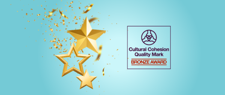 gold stars and streamers and a logo for cultural cohesion quality mark bronze award