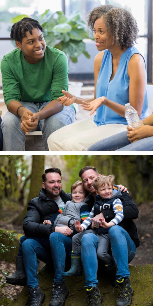 two photos one features two people who are sitting together in a support group and smiling, one features a same sex male couple and two children