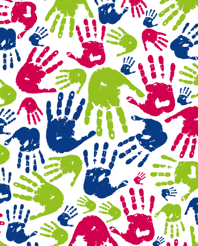pink blue and green handprints in a circle